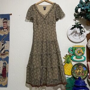 Believe Vintage Geometric Floral Tiered Midi Dress Brown Ruffle 8 whimsy y2k